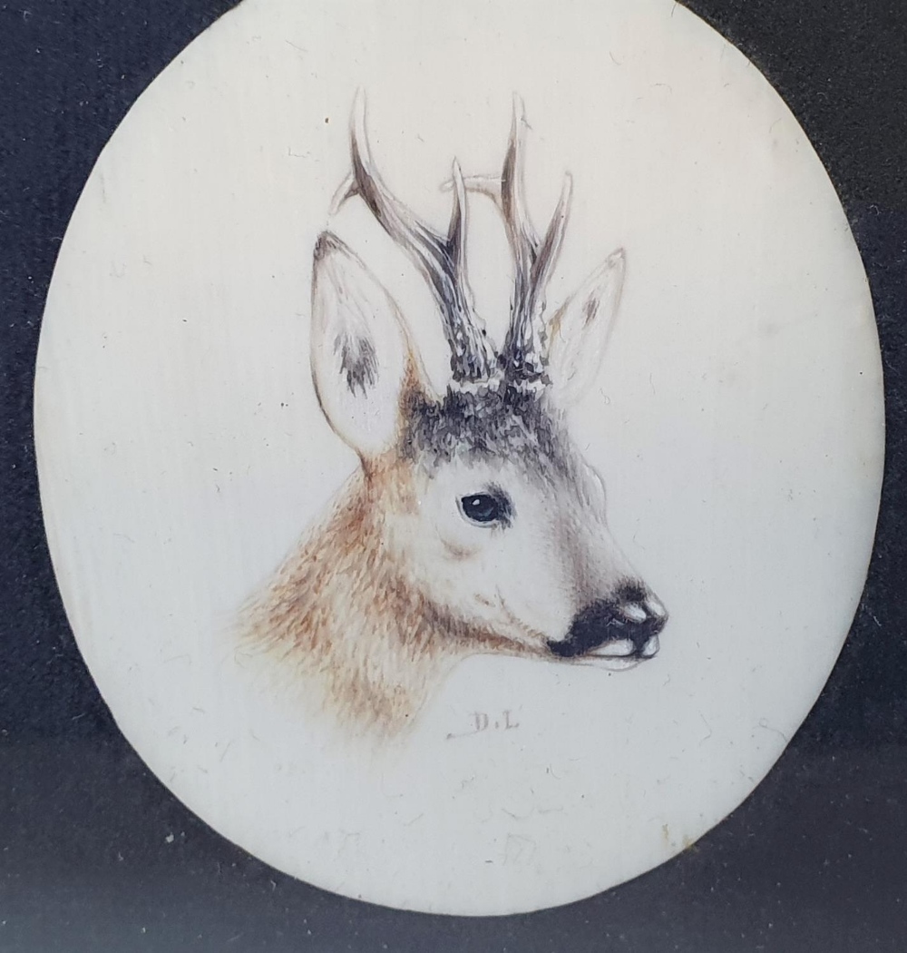 Victorian miniature oval watercolour portrait of a Stags head, initialled D.L, in fine wood frame, - Image 2 of 3