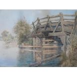 L E Shaw 1891 watercolour "A bridge on the Wey", signed & inscribed, framed and glazed, The w/c