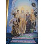 Superb, large modern oil depicting Hindu Lord Krishna, wife Radha together with Lord Hanuman holding