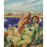Surrealist school acrylic painting depicting a nude lady by rocks, initialled JC & dated 07, in wood