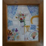 Unsigned 20thC stylised embroidery "Interior room scene with flowers", wood frame, The embroidery