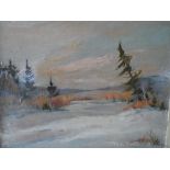 Indistinctly signed, impressionist mid 20thC oil on board, "Canadian winter landscape", wood