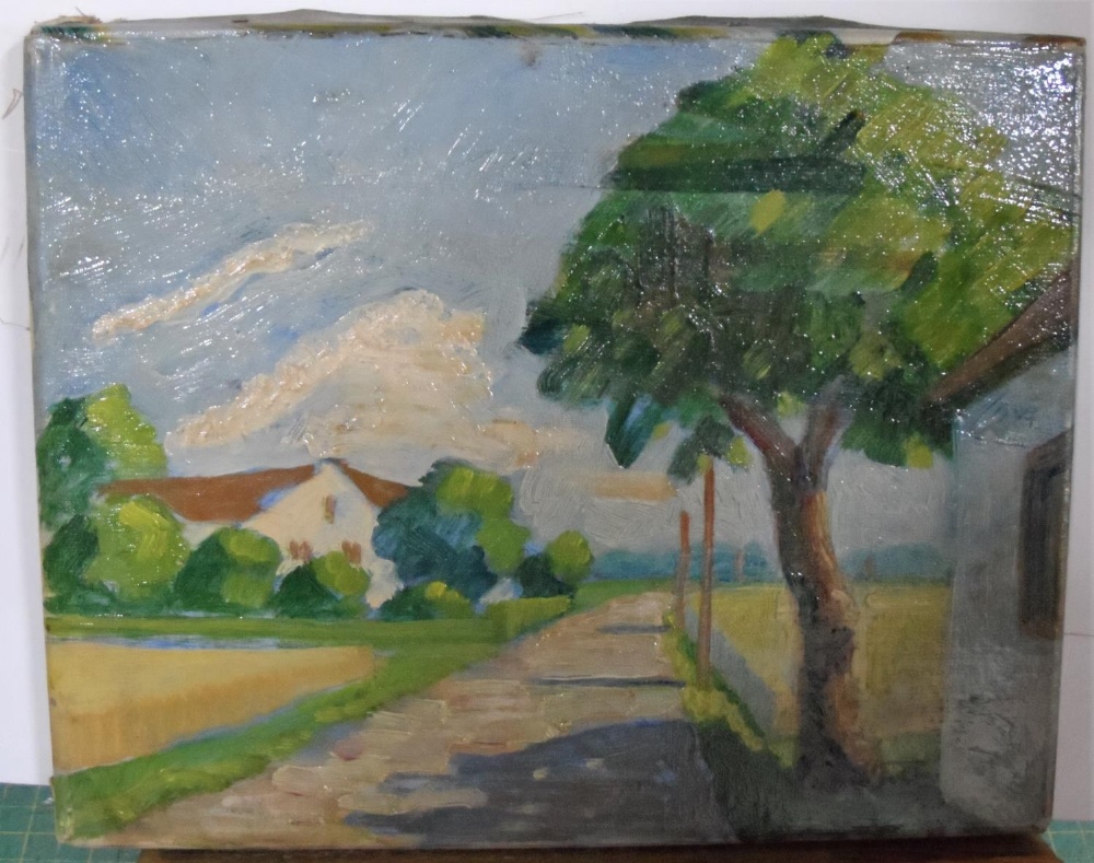 Unsigned, early 20thC French oil on canvas, "French country road", unframed, The oil measures 23 x - Image 2 of 3