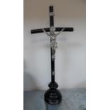 Antique ebonised wooden cross with Jesus on the cross in white metal, 45 cm tall