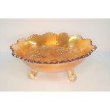 Carnival orange glass bowl "Grapes & leaves" decoration on balled feet by Northwood, 20 cm diameter