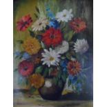 E Piot 20thC oil on board, "Vase of Flowers" in superb ornate period frame, The oil measures 50 x 39