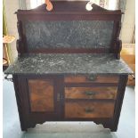 Early 20thC hardwood & marble topped drawers with brass towel rails to either side, 107 cm wide by