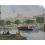 Large Gerry Gibbs 1965 oil on board, "Windsor castle viewed from across the Thames", signed and