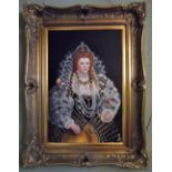 Large modern oil on board, portrait of Elizabeth I indistinctly monogrammed and in a stunning