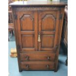 Fine quality antique oak storage cabinet set over 2 drawers, with key, 122 cm high x 76 cm wide x 47