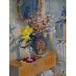 Joan M. POOK (1927-2011) oil on board, "Interior scene with flowers" in pleasing wood frame, The oil