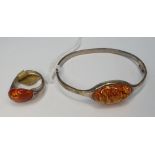Silver & Amber bangle together with a similar silver & Amber ring (2)