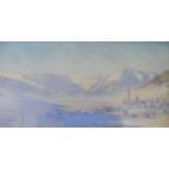 F.M.N initialed, late Victorian watercolour depicting an Alpine town under a blanket of snow",