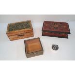 Antique wooden box with transfer printed lid together with a painted Russian box, a metal box with