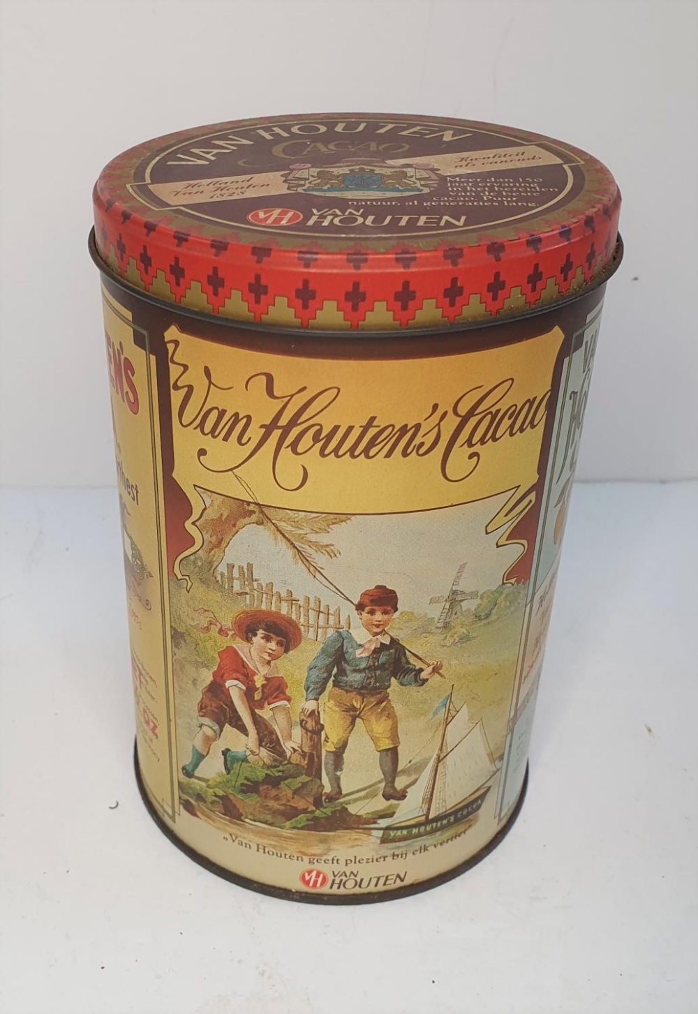 Early 20thC Van Houtens Cocoa (Holland) metal tin COMPLETE with sealed contents