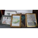 Collection of framed modernist prints together with a modern framed watercolour and a Tutankhamun
