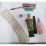 Small collection of antiques to include a doll, ladies leather glovers, a glove stretcher, metal