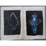 Two French abstract figures after Henry Moore on sheet music (2), Both measure approx 47 x 34 cm