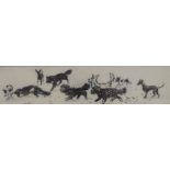 Mid 20thC French pen & ink sketch of a pack of dogs, initialed "A.B." in fine ebonised wood frame,