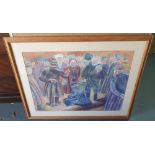 Large indistinctly signed crayon depicting a group of Russian people in fine, plain oak frame, The
