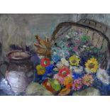 Frances A Ball impasto impressionist oil on board, "Flowers & fruit", signed, wood frame, The oil