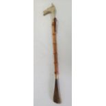 Early 20thC shoe horn with carved dogs head on bone handle