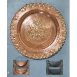 Hand-beaten copper hanging tray from Chile together with a set of 4 antique copper drawer handles (
