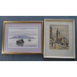 Two watercolours, one over a print base depicting differing artists, both framed