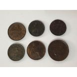 Collection of six good quality British copper pennies etc to include 1805 Irish penny (F), 1902
