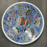 Richard Casey enamel on metal, modern bowl depicting colourful fish, 36 cm diameter