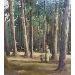 Indistinctly signed 1910 oil on board, "A walk in the woods" in watts type frame (frame a/f), The