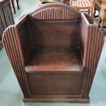 Early 20thC, Art Deco Oak hall seat with storage compartment, & one arm being a walking stick rest