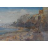 Initialed R.N. 1929 watercolour "Coastal village" in thin wood frame, The w/c measures 22 x 32 cm