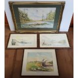 Collection of 4 framed landscape watercolours by H Sandham & Malcolm Halliwell, various sizes