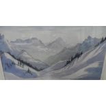 Rosemary Dobbs, watercolour "Snowy mountain scene" in thin frame, The w/c measures 19 x 27 cm