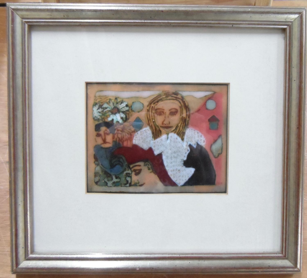 S Wright (signed verso) modernist cubist portrait of on enamel, framed, 11 x 14 cm - Image 2 of 4
