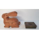Late 19thC Folk art, hand carved wooden trinket box in the form of a Rabbit together with an antique