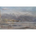 Unsigned, late Victorian watercolour depicting figures at the edge of a huge lake, thin frame, The