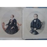 Pair of unsigned mid Victorian watercolour oval portraits, both unframed, Both portraits measure