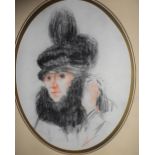 Monogrammed 1915 conte crayon & black, portrait of a fashionable French lady in thin wood frame, The
