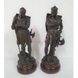 Pair of fine quality cast medieval knights in armour, both on turned wooden plinths (2), Both