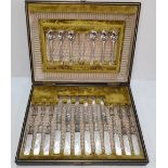 Complete late Victorian EPNS afternoon tea service set including 6 tea spoons, sugar nips, 6