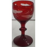 18thC cranberry, etched wine glass