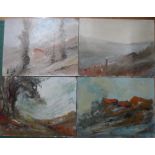 Set of four mid 20thC French post-impressionist oil on board landscapes, all unframed (4) Approx ave