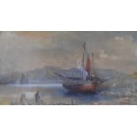 Unsigned Victorian watercolour "Fishing boats at shore" in thin original frame, The w/c measures