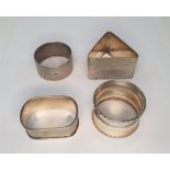 Four various vintage napkin rings, one engraved with the initials J.J another M.E.E (4) 91.5 grams