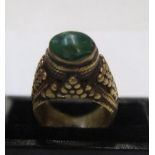 Medieval metal style bronze ring with green cabochon stone