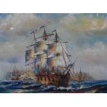 Indistinctly signed 20thC oil on canvas, "18thC galleon at sea" in ebonised wood frame, The oil