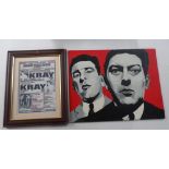 Monogrammed modernist, late 20thC oil on board, portrait of the Kray Twins together with a framed