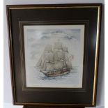 Indistinctly signed watercolour "The Frigate Diana 1794" framed.